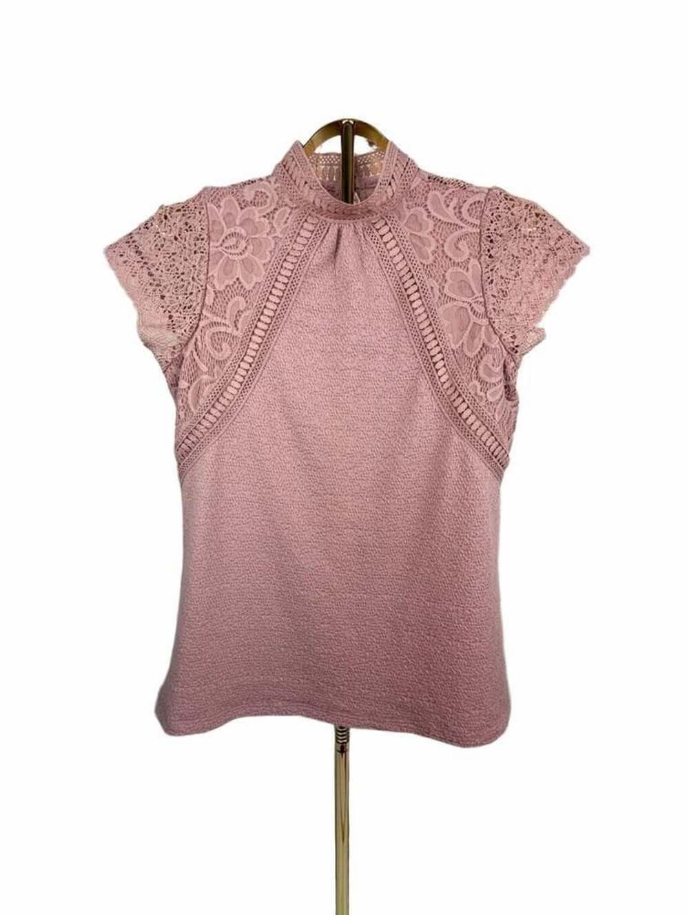 Cable & Gauge Blouse Size M Pink Lace Accent Mock Neck Cap Sleeve Top